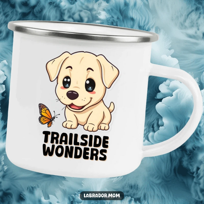 Funny Kawaii Labrador Camping Mug, a cute lab curiously observes a butterfly, perfect for outdoor adventures and appreciating nature's small joys