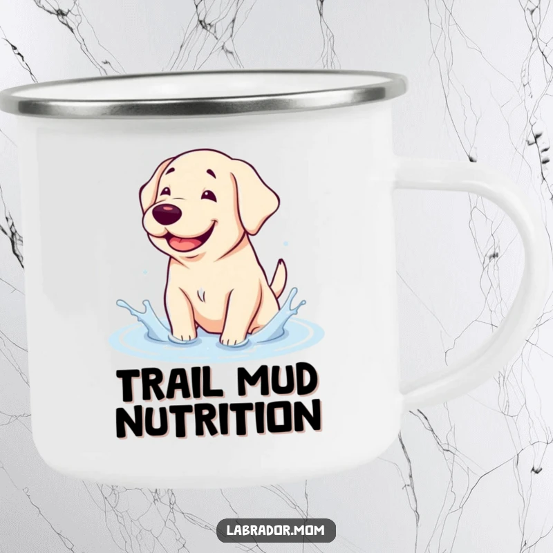 Funny Camping Mug: A kawaii Labrador with a goofy grin happily splashes in a puddle, perfect for outdoor drinks.