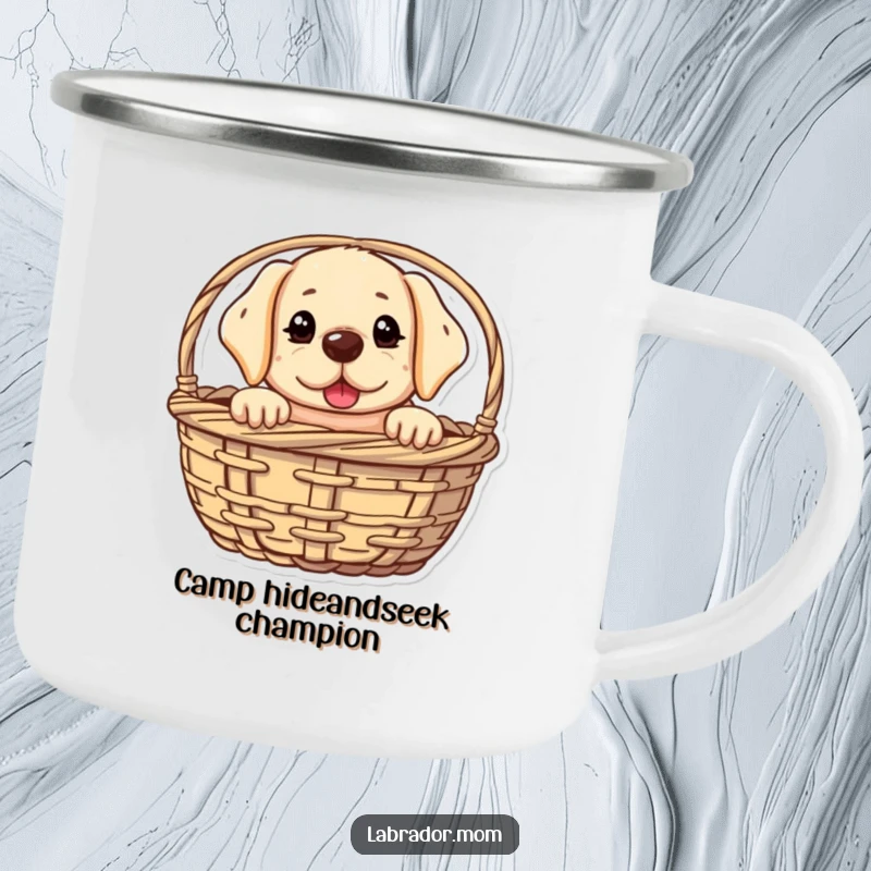 Funny kawaii Labrador camping mug with a cute dog peeking from a basket with a mischievous glint, perfect for outdoor enthusiasts who enjoy humorous designs.