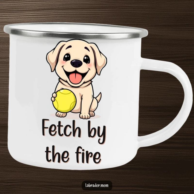 Funny Kawaii Labrador dog grinning, holding a tennis ball, cute camping mug, outdoor drinkware, funny gift.