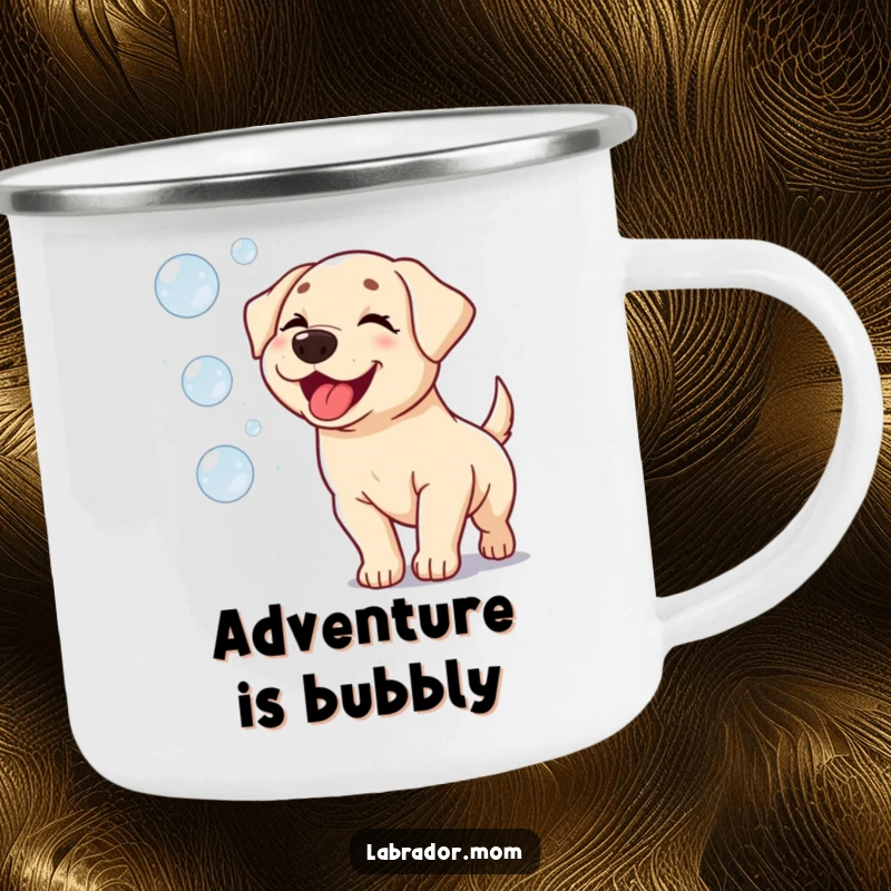 Funny Kawaii Labrador Camping Mug: A winking dog happily chasing skyward bubbles, ideal for outdoor fun.