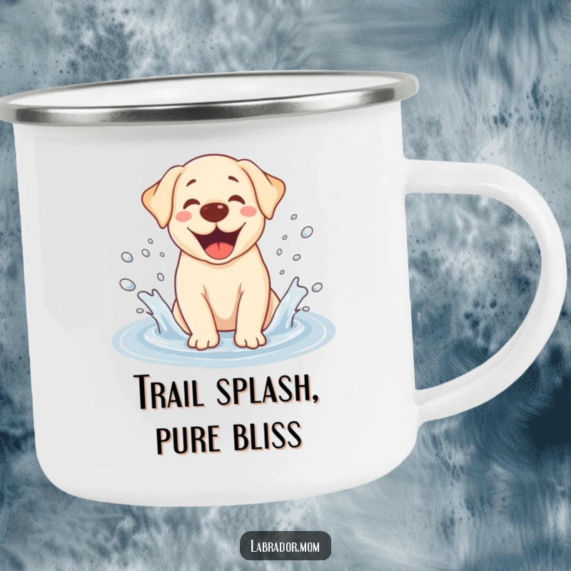 Funny Kawaii Labrador camping mug, showing a dog joyfully splashing in a puddle, perfect for outdoor use and evoking happy memories.