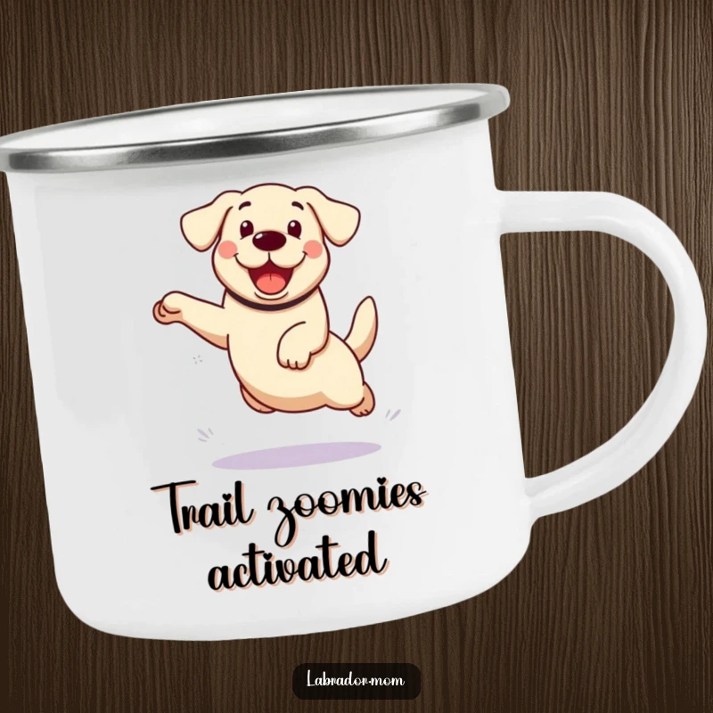 Funny kawaii Labrador dog camping mug, designed for adventures, featuring an enthusiastic leap and a happy demeanor.
