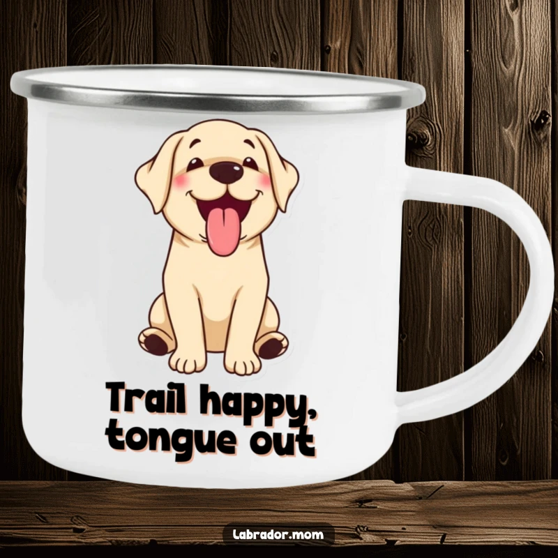 Funny kawaii Labrador happily panting with tongue out on a rugged camping mug, ideal for outdoors.