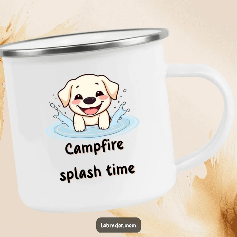Funny enamel camping mug featuring a happy Kawaii Labrador splashing in a puddle, perfect for outdoor enjoyment with a touch of humor.