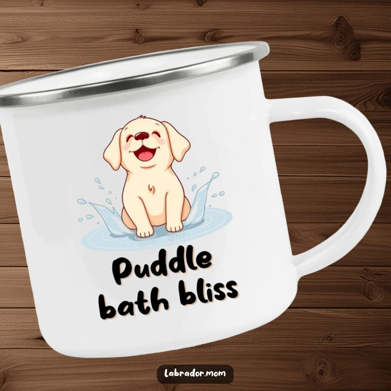 Funny Kawaii Labrador camping mug, an enamel cup with a happy dog splashing in a puddle, ideal for outdoors.