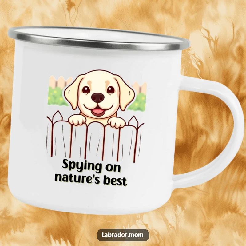 Funny kawaii Labrador peeking over a fence playfully on a rugged camping mug, ideal for outdoors.