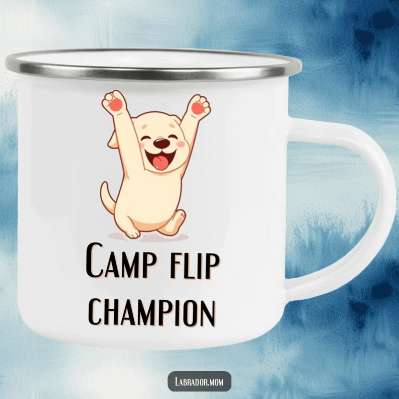 Funny enamel camping mug featuring a Kawaii Labrador doing a playful somersault with a gleeful expression, perfect for outdoor fun.