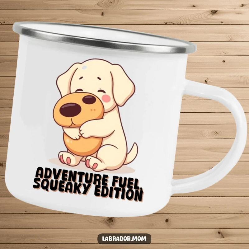 Funny kawaii Labrador hugging a large squeaky toy on a rugged camping mug, ideal for outdoor enthusiasts.