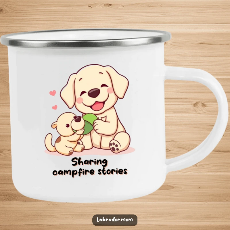 Funny Kawaii labrador sharing a toy with a friend, ready for outdoor adventures on this rugged and humorous camping mug.