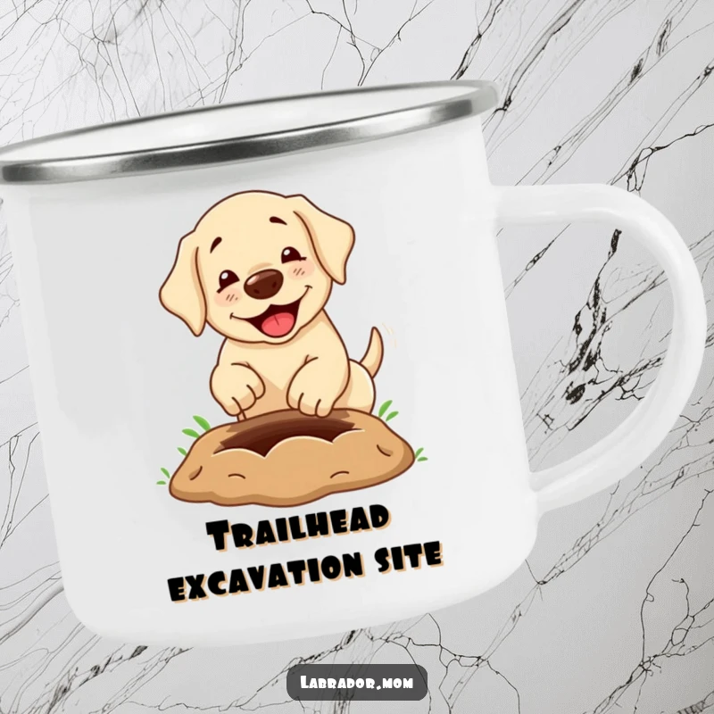 Funny Camping Mug: A kawaii labrador dog digging a comically large hole, perfect for rugged adventures and dog lovers.