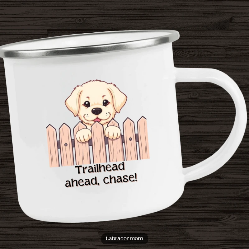 Funny Labrador pup peeking over a fence with an eager expression on a sturdy camping mug, ideal for outdoor adventures.