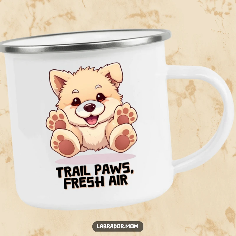 Funny Camping Mug showing a fluffy, happy dog with oversized paws playfully pouncing forward, ready for wilderness fun.