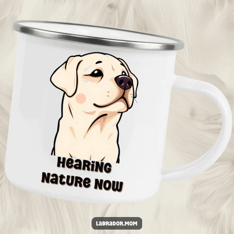 Funny Kawaii Labrador camping mug with a cute head tilt. Durable and humorous outdoor drinkware.