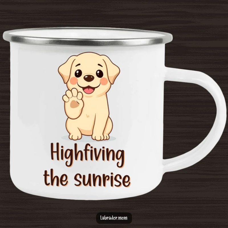 Funny Kawaii Labrador Camping Mug showing a smiling dog offering its paw for a high-five, perfect for humorous outdoor drinks.