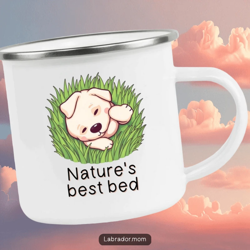 Funny kawaii Labrador rolling playfully in green grass on a rugged camping mug, ideal for outdoors.