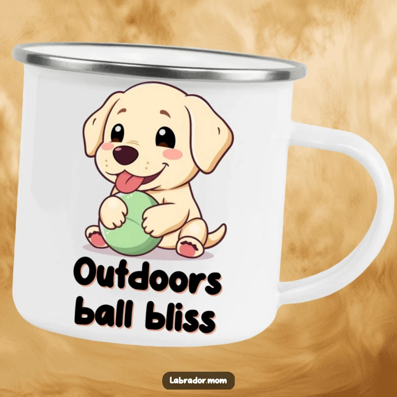 Funny Kawaii Labrador camping mug, a happy dog panting with a floppy ear, holding a ball, durable and cheerful.