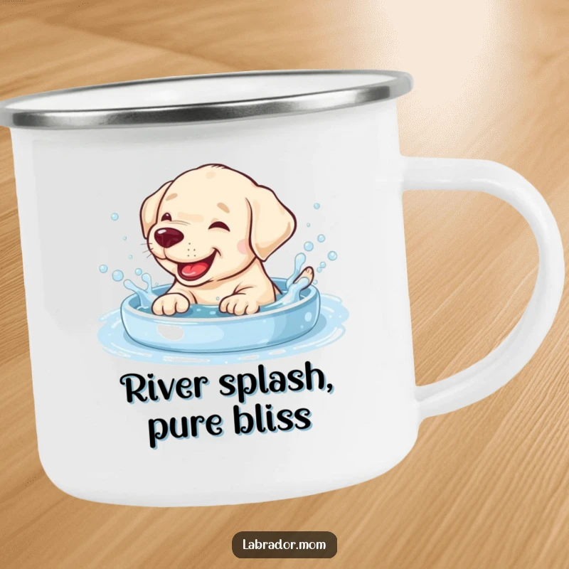 Funny giggling Labrador cub splashing in a bubbly pool on a sturdy camping mug, ideal for outdoor fun.