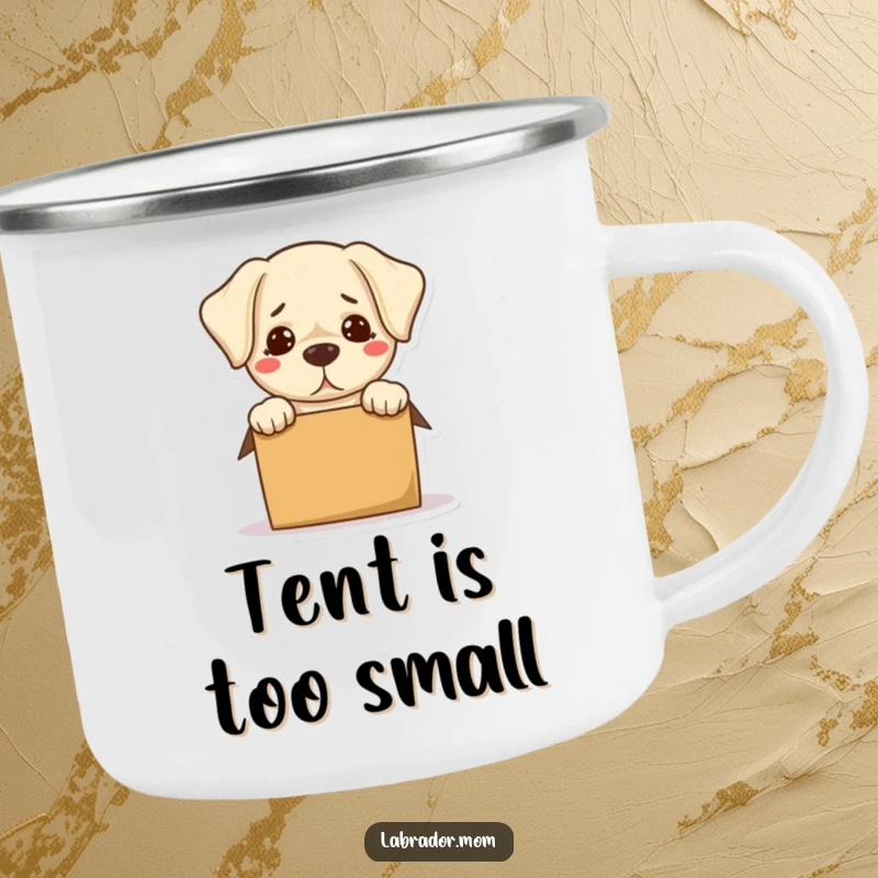 Funny Kawaii Labrador Camping Mug showing a bewildered dog hilariously stuck in a box, perfect for humorous outdoor drinks.