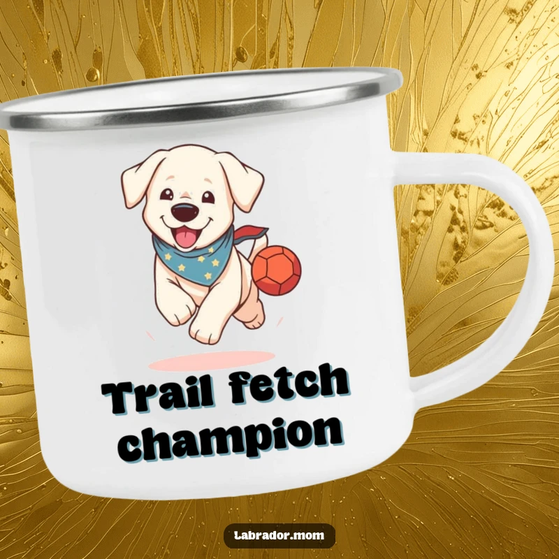 Funny Camping Mug: A kawaii Labrador in a bandana excitedly runs with a ball, perfect for enjoying drinks outdoors.