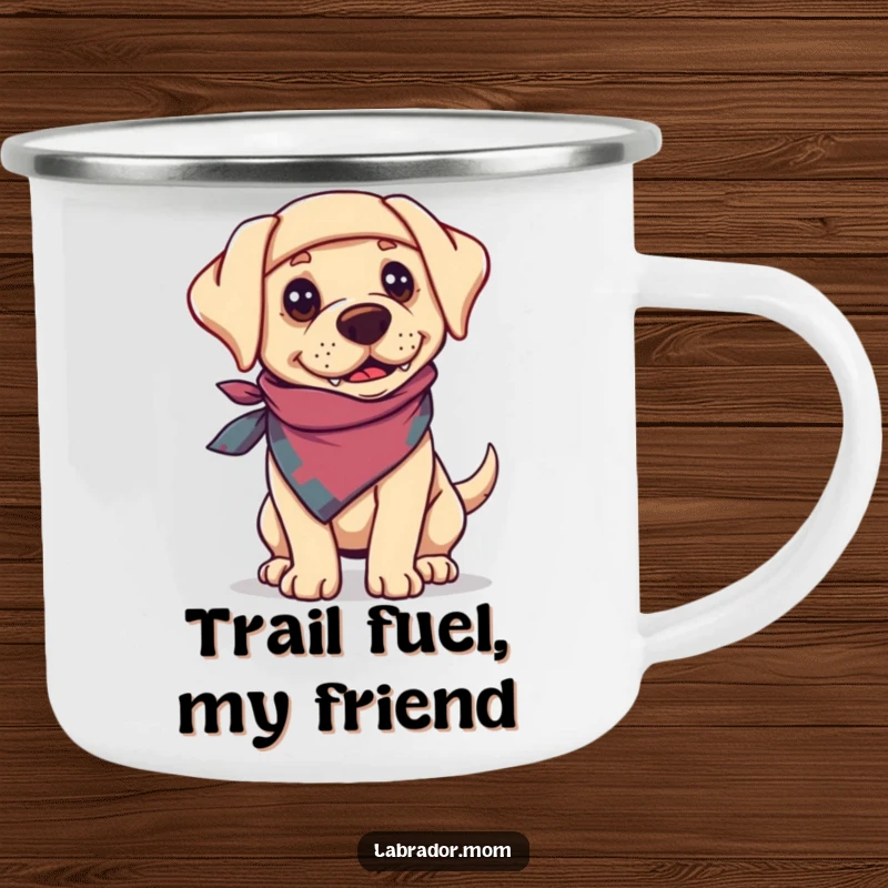 Funny Labrador dog wearing a bandanna, looking adventurous and ready for the outdoors on a metal camping mug.