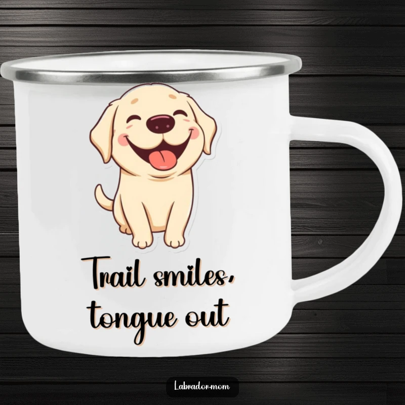 Funny kawaii Labrador camping mug with a cute dog sporting a big grin and tongue out, perfect for outdoor enthusiasts who enjoy humorous dog designs.