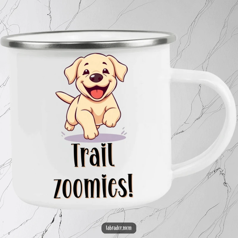 Funny Kawaii Labrador Camping Mug, a cute lab's zoomie is depicted with legs a blur, perfect for outdoor adventures and energetic mornings
