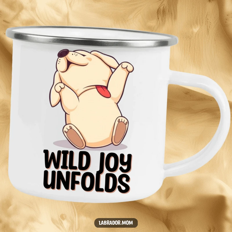 Funny Labrador camping mug showing a dog rolling on its back with pure joy, durable and cheerful, a funny gift.