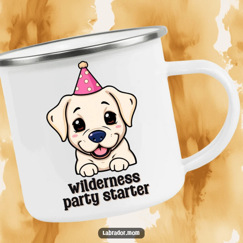 Funny Kawaii labrador wearing a silly party hat, ready for an outdoor adventure on this rugged and humorous camping mug.