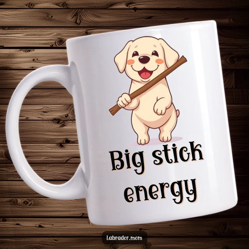 Funny Kawaii Labrador mug with a determined expression, excitedly carrying a stick twice its size, showcasing adorable canine effort.