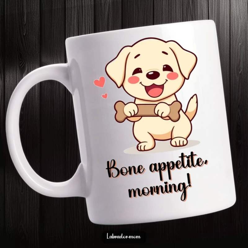 Funny Kawaii Labrador Mug showing a joyful dog wagging its tail enthusiastically while holding a bone, radiating happiness.