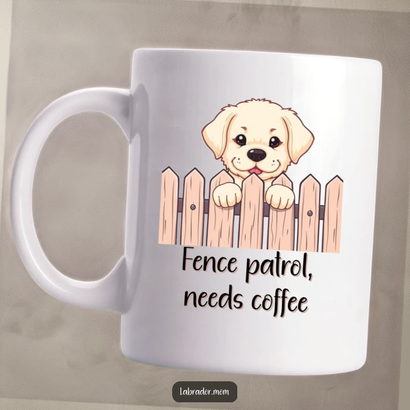 Funny Labrador pup peeking over a fence with an eager expression, captured on a ceramic mug, perfect gift for dog lovers.