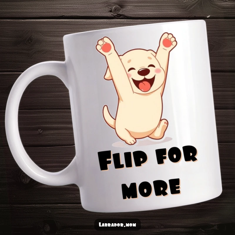 Funny Kawaii Labrador mug with a gleeful expression, mid-somersault, radiating pure playful energy and canine happiness.