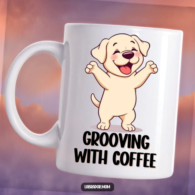 Funny cute Labrador dog mug, depicting a dog in a playful, silly dance pose with a joyful expression.