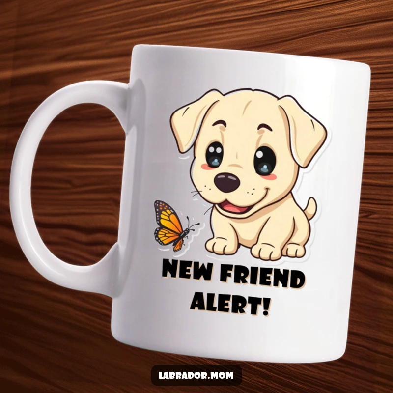 Funny Kawaii Labrador Mug, a cheerful yellow lab with wide eyes curiously sniffs a colorful butterfly, showing pure fascination