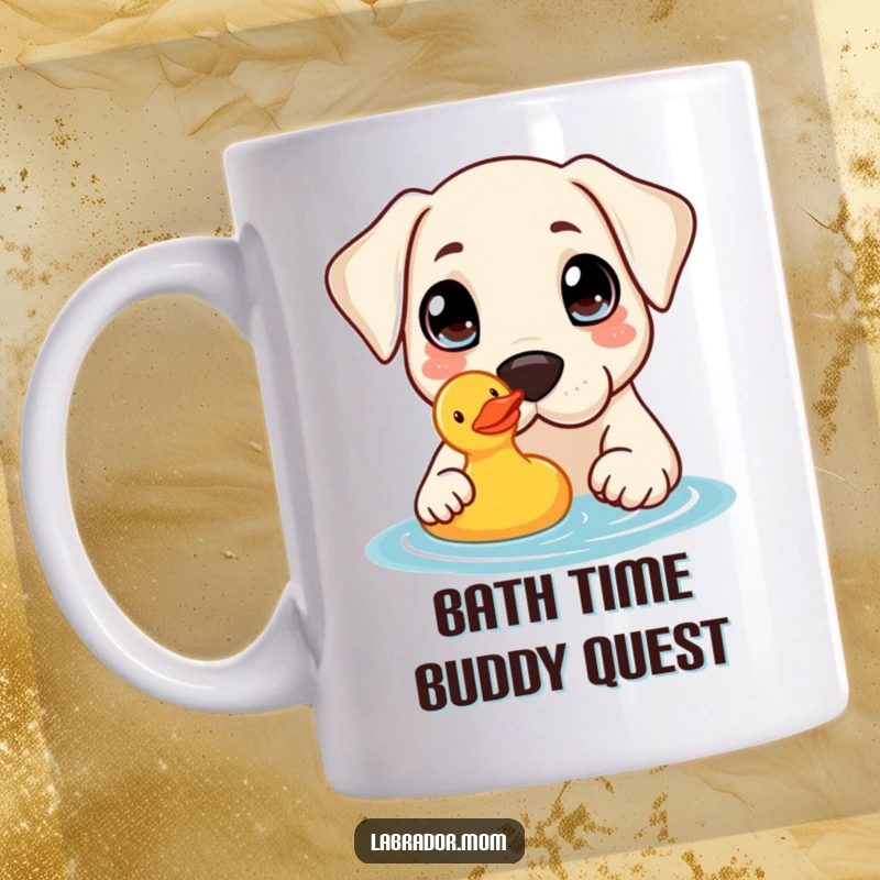 Funny Mug: A cute, kawaii Labrador with large, curious eyes gently nudges a floating yellow rubber duck.