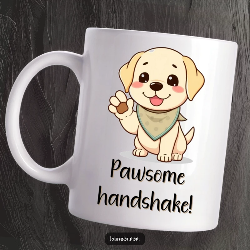 Funny Kawaii Labrador Mug, a cute lab in a bandana offers a paw for a high-five, showing friendliness and playful connection