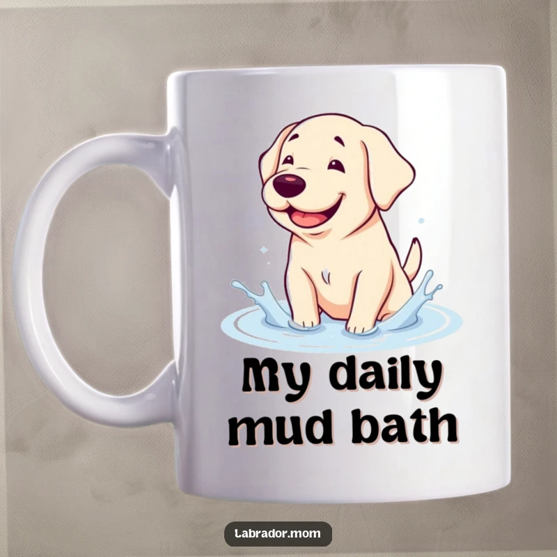 Funny Mug: A super cute, kawaii Labrador with a big goofy grin joyfully splashes around in a muddy puddle.