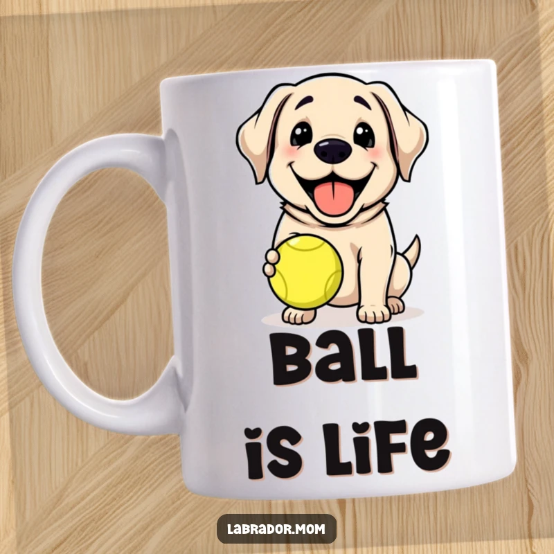 Funny Kawaii Labrador dog with an infectious grin holding a tennis ball, happy, playful, cute, funny mug.