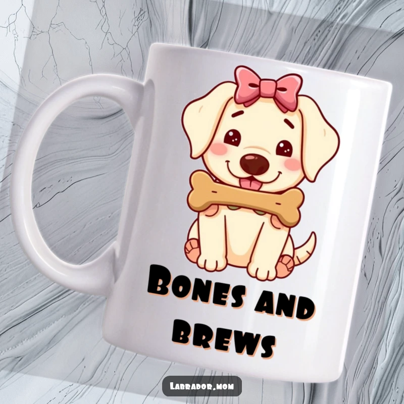 Funny Kawaii Labrador Mug, a cute dog wearing a bow offering a juicy bone, friendly and generous gesture, gift.