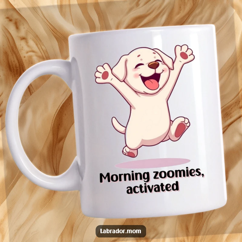 Funny Kawaii Labrador Mug, a cute dog leaping with paws outstretched in pure excitement and joy, perfect gift.