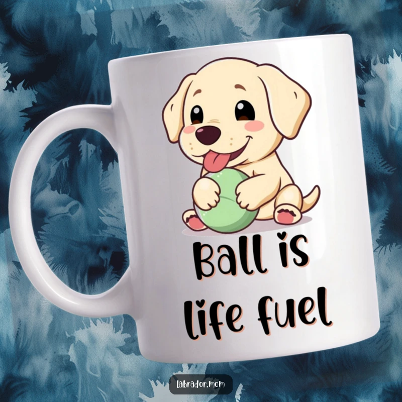 Funny Kawaii Labrador mug, happily panting with a floppy ear, holding a treasured ball, radiating pure canine joy.