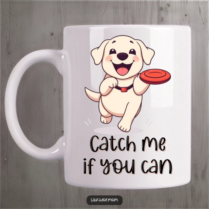Funny Kawaii Labrador mug, a cute dog with a happy grin chasing a frisbee in mid-air, embodying pure joy.