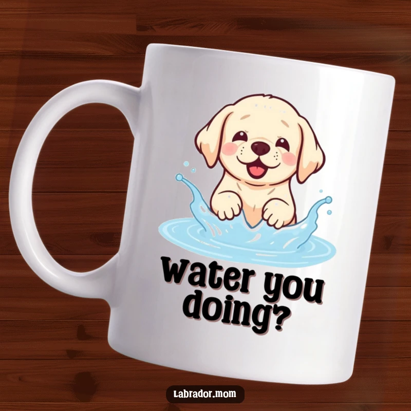 Funny Kawaii Labrador mug showing a happy dog joyfully splashing and playing in water, ideal funny gift.