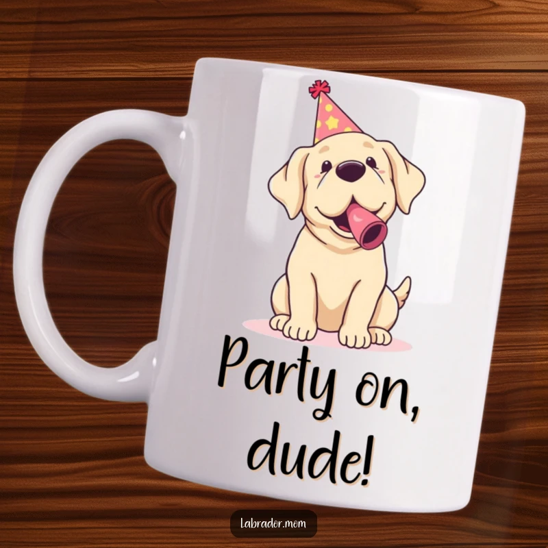 Funny Kawaii Labrador Mug showing a cute dog in a party hat blowing a noisemaker, radiating birthday cheer.