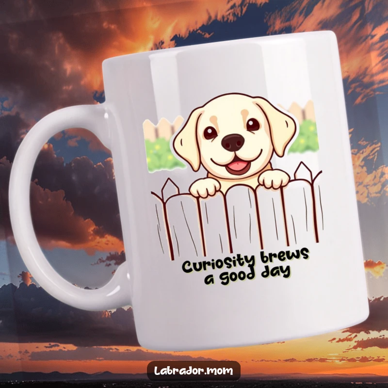 Funny kawaii Labrador dog peeking mischievously over a fence with a playful expression, on a mug.