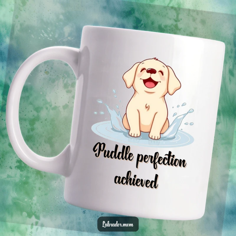Funny Kawaii Labrador mug, a cute dog playfully splashing in a puddle with a look of pure delight and joy.
