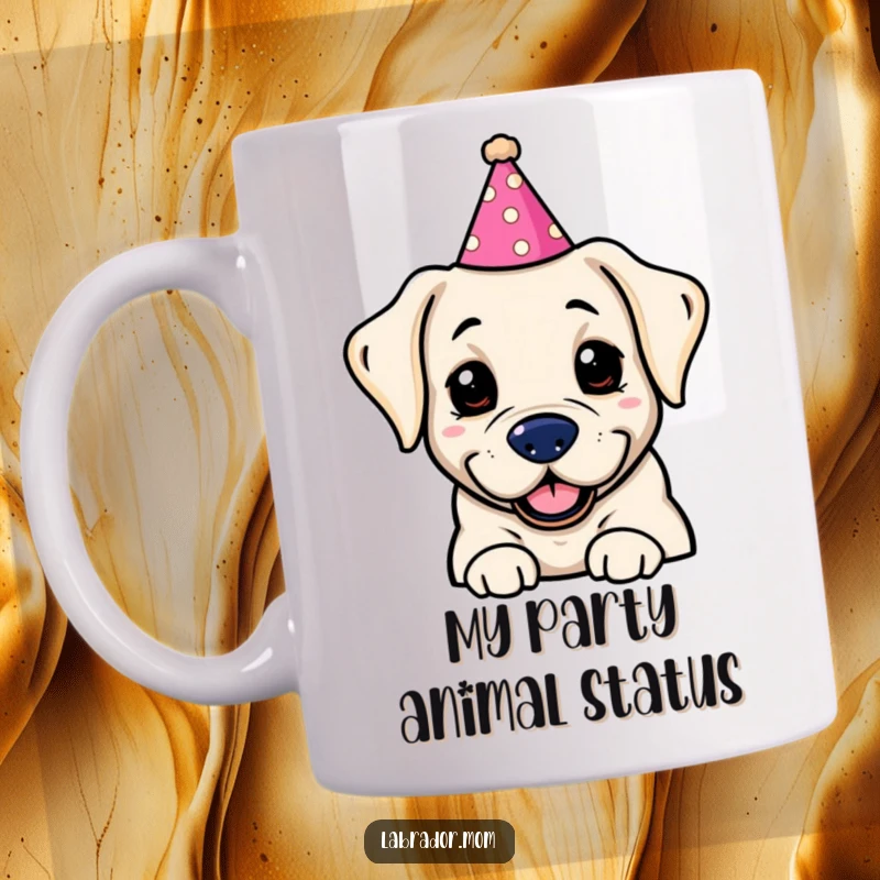 Funny Kawaii labrador wearing a silly party hat, looking extremely festive and ready to party on this delightful mug.