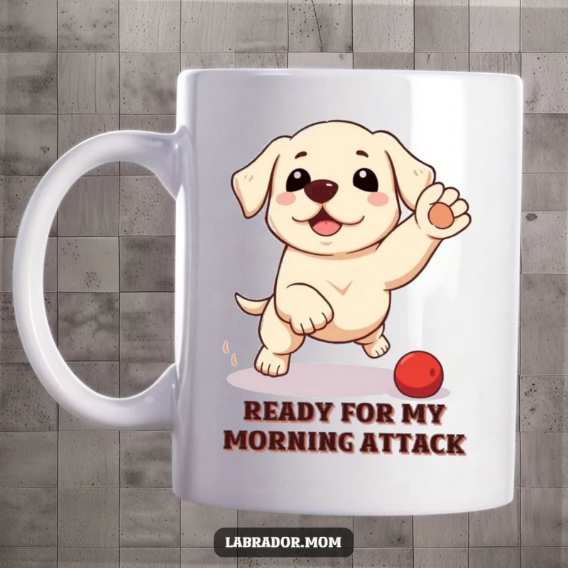 Funny kawaii Labrador dog mug showing a cute pup in a playful pouncing pose, ready for action, perfect for dog lovers.