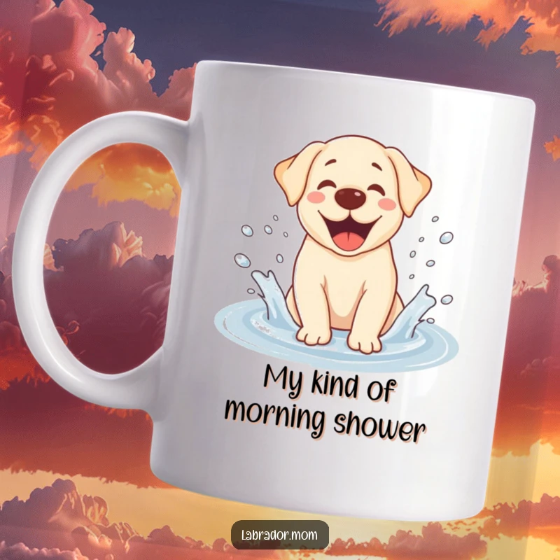 Funny Kawaii Labrador mug, gleefully splashing in a puddle with water droplets flying everywhere, embodying pure doggy delight.